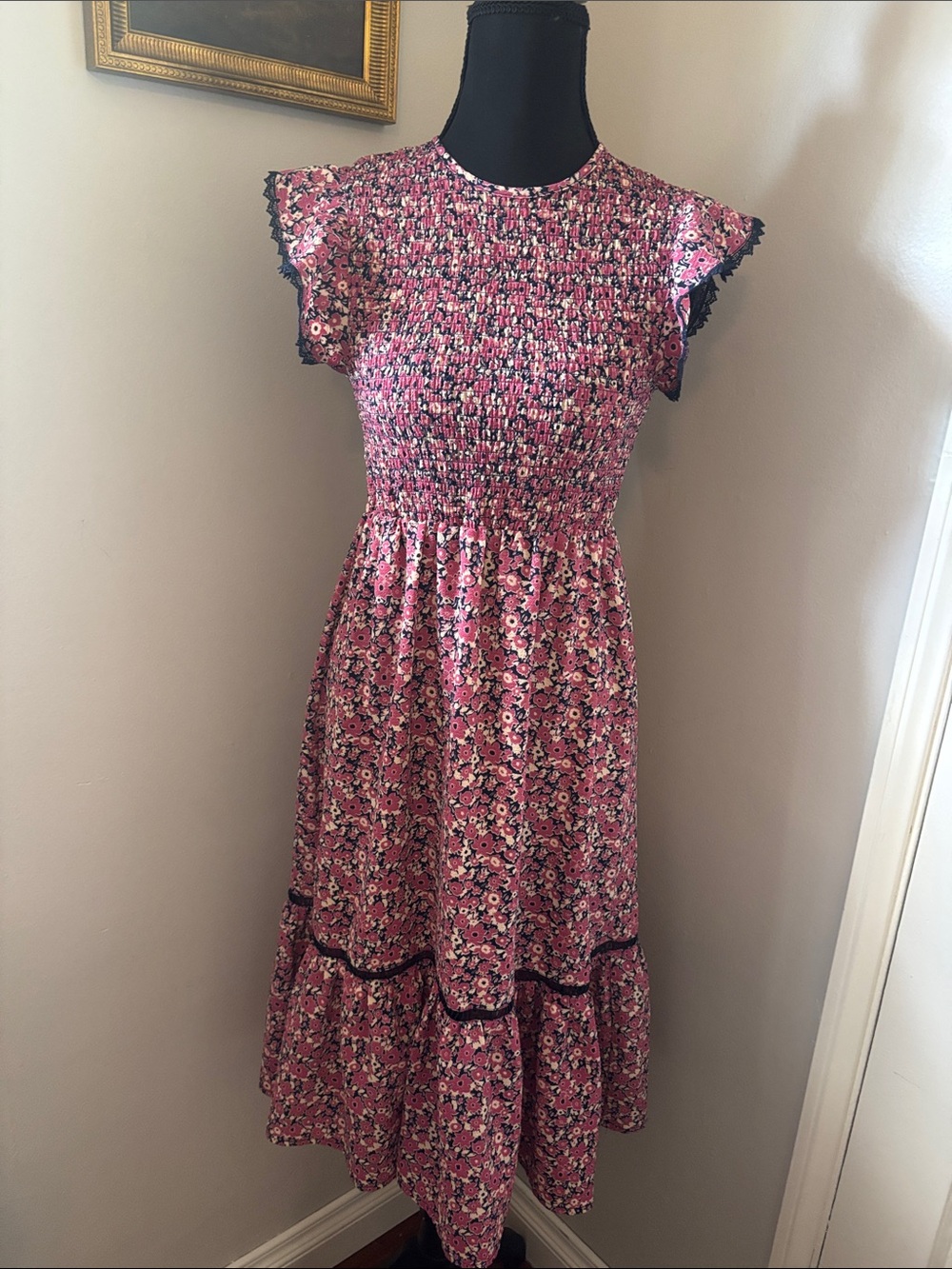 Melrose and Market Pink Floral Smocked Midi Dress with Black Trim
